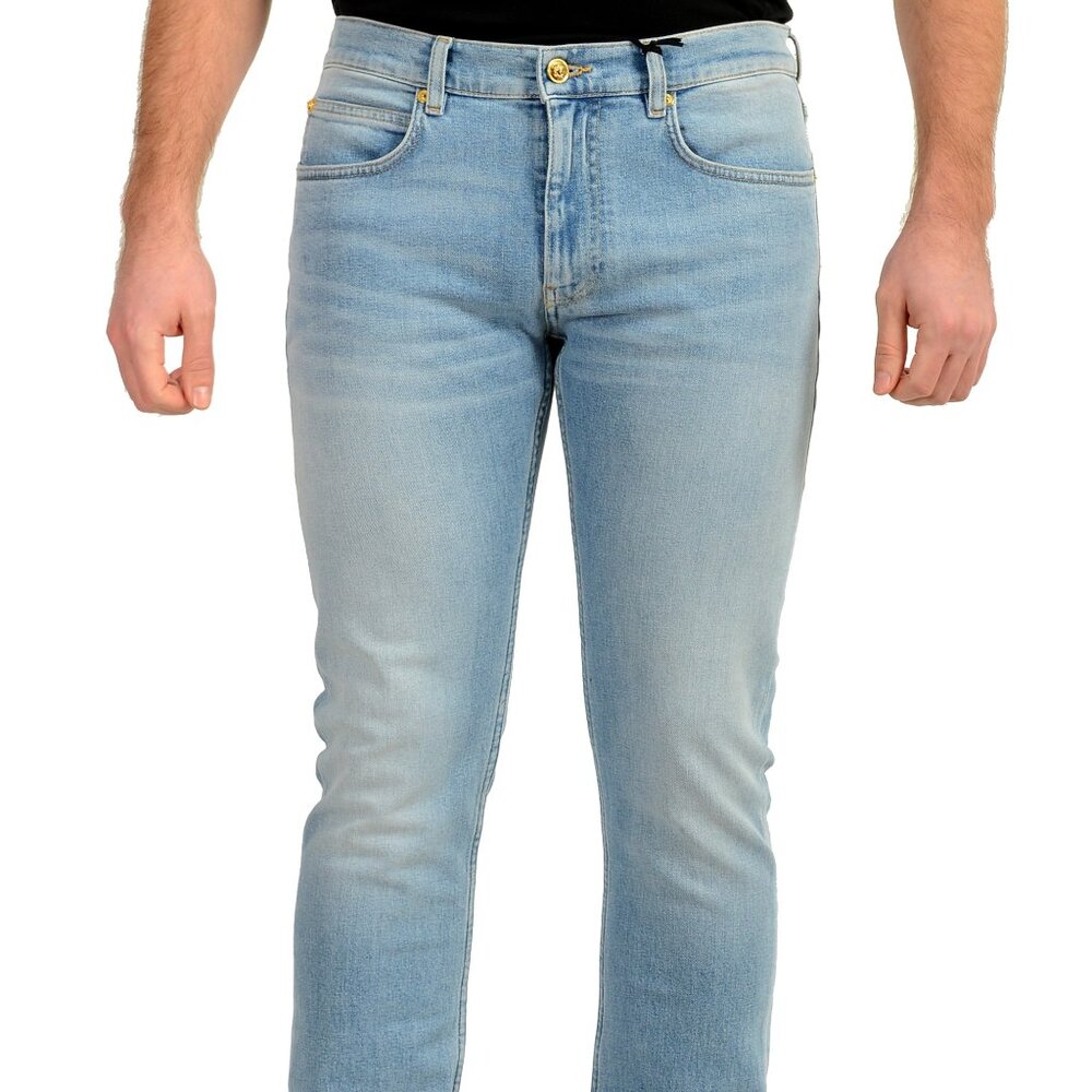 Versace Men's Light Blue Wash Logo Embroidered Straight Leg Jeans US 32 IT 48